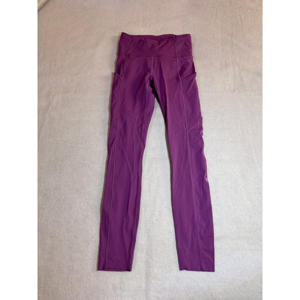 Lululemon High Rise Leggings Size 4 Side Pockets Purple Magenta Yoga Small Hole